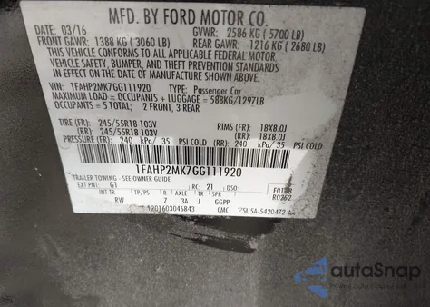 2016 Ford Police Interceptor из США, поврежденный, VIN 1FAHP2MK7GG111920